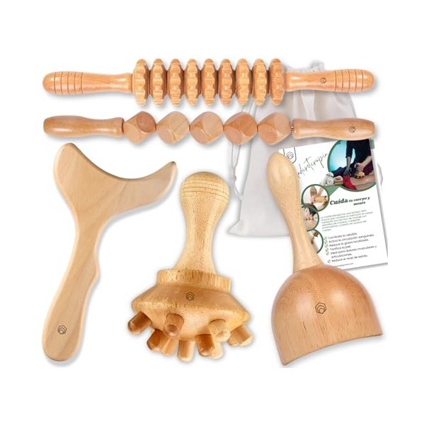 Maderothérapie Kit - 5 pièces - Masseur Anti-cellulitique et Masseur Musculaire - Rouleau Maderothérapie - Champignon Maderot