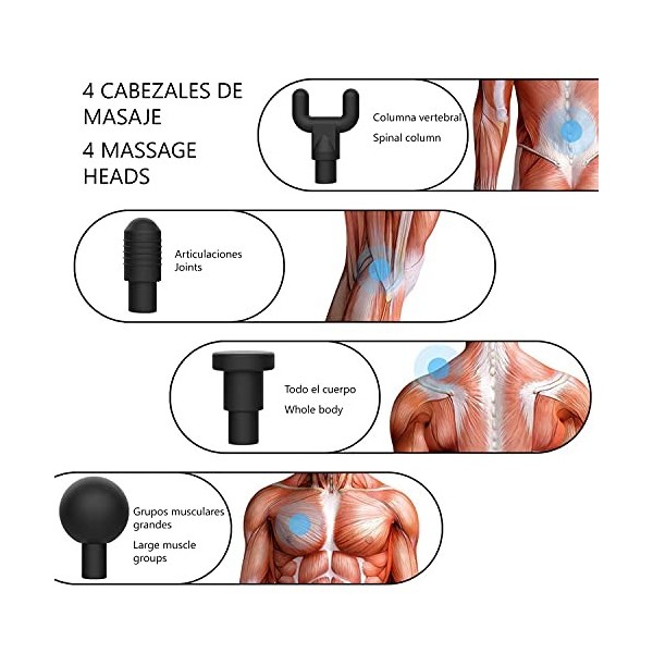 DAM Pistolet de Massage Musculaire Bande Gun TY602 6 niveaux de vitesse jusquà 3200 tr/min. 4 têtes