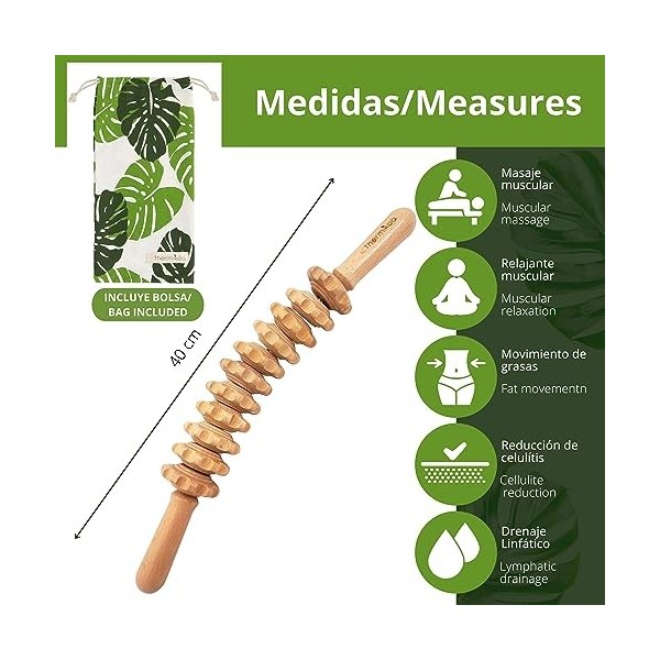 Thermikoa Kit de massage en bois pour le corps avec rouleau anti-cellulite incurvé et rouleau de cubes pour la mobilisation d
