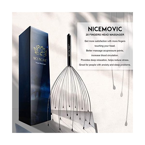 NICEMOVIC Lot de 2 grattoir pour tête de massage du cuir chevelu 20 doigts pour la tête relaxante Noir et noir 