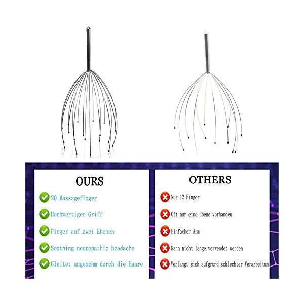 Massage de tête et gratte-dos luxueux - Massage amélioré - 20 doigts de massage - Avec tige télescopique - Gratte-dos en méta