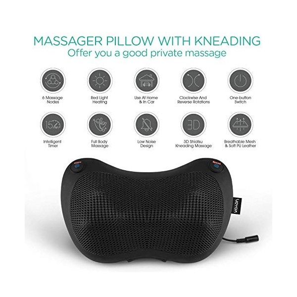 VOYOR Appareil de massage du dos et de la nuque, coussin de massage Shiatsu avec chaleur, 6 nœuds rotatifs pour la taille, le