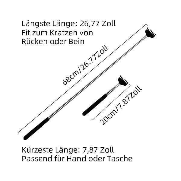 Wovte Gratte-dos portable extensible en acier inoxydable pour adultes hommes femmes soulagement des démangeaisons 20 à 67 cm