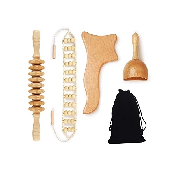 COLOFFE 4 en 1 Maderotherapie Kit, Outil De Massage en Bois Appareil Anti Cellulite Drainage Lymphatique Gua Sha Masseur Pour