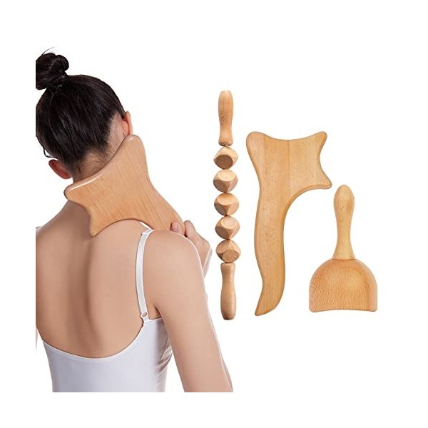 COLOFFE 4 en 1 Maderotherapie Kit, Outil De Massage en Bois Appareil Anti Cellulite Drainage Lymphatique Gua Sha Masseur Pour