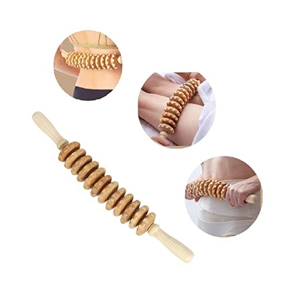 Rouleau de Massage en Bois pour le Corps, Appareil de Massage Roller Manuel, Rouleau de massage avec poignée, la Couleur du B