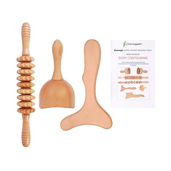 Komogir Kit de massage 3 en 1 en bois anti-cellulite avec rouleau de massage suédois et planche de contour pour Maderotherapi