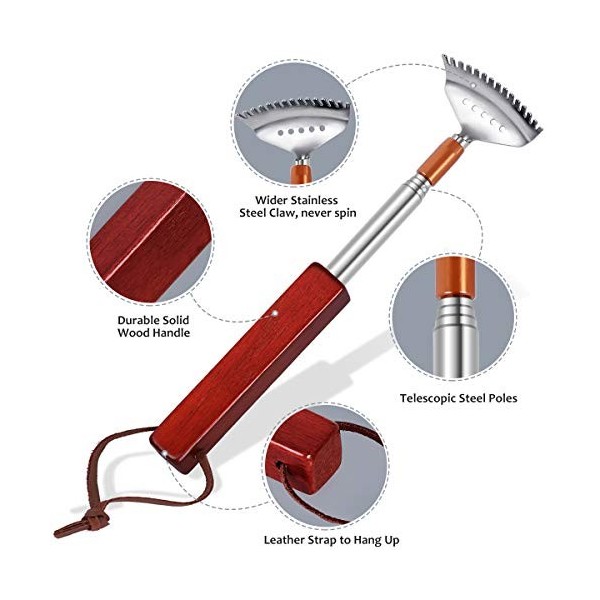 Grattoir à dos télescopique, pour adultes, hommes, femmes, avec long manche en bois et sangle de suspension, tête de râteau p