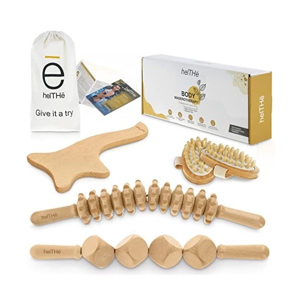 HELTHE, Maderotherapie kit complet cellulite - Brosses Drainage Lymphatique - Rouleau de Massage, anti-cellulitique - Masseur