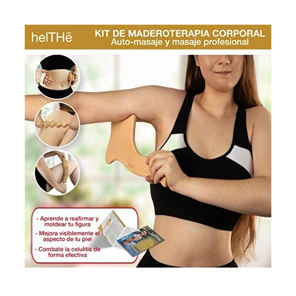 HELTHE, Maderotherapie kit complet cellulite - Brosses Drainage Lymphatique - Rouleau de Massage, anti-cellulitique - Masseur