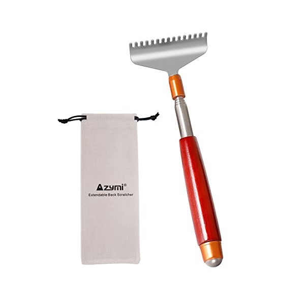 Azymi Grand gratte-dos extensible pour homme et femme avec poignée en bois, boule de massage à 15 dents en acier inoxydable