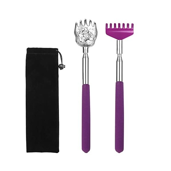 Lot de 2 gratte-dos portables extensibles - Pour adultes - En acier inoxydable - Avec sac de transport - Violet