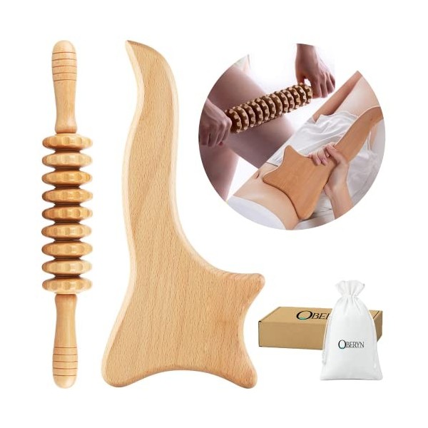 OBERYN | Kit Maderothérapie avec Rouleau de Massage anti-cellulitique et Planche en bois pour Drainage Lymphatique - Rouleau 