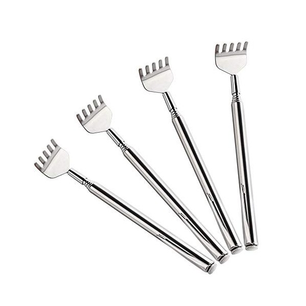 KUUQA 4 Pack En Acier Inoxydable Télescopique Retour Scratcher Extensible Masseur Dos Outil avec Pince de Poche Argenté 