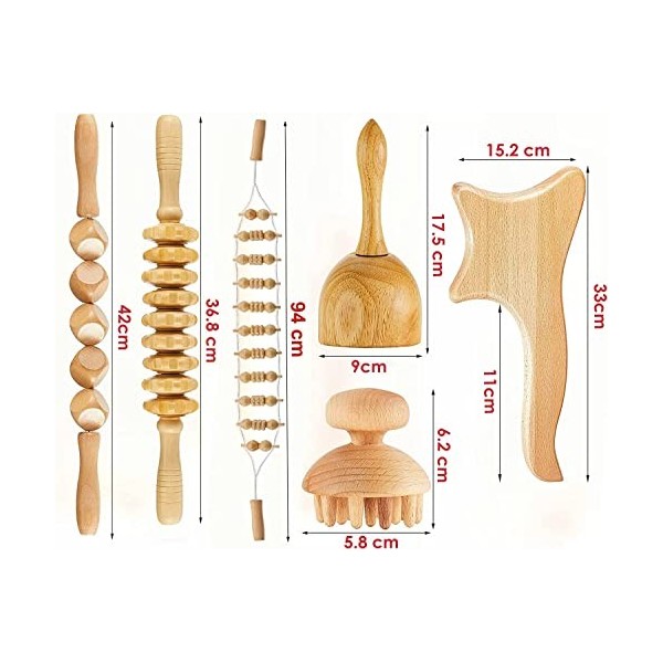 uyoyous Rouleau de massage en bois 6 en 1,Anti-cellulite,Massage du dos,Rouleau de massage des fascias,Gua Sha,Outils de mass