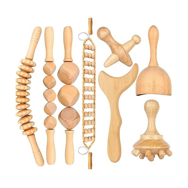 Ensemble doutils de massage en bois 8 en 1 - Rouleau de massage en bois, massage musculaire, anti-cellulite - Outil Gua Sha 