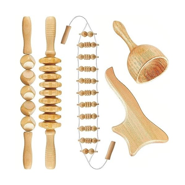 uyoyous Lot de 5 rouleaux de massage en bois pour la maderothérapie, le dos, les fascias, aide à la massage, gua sha, tasses 