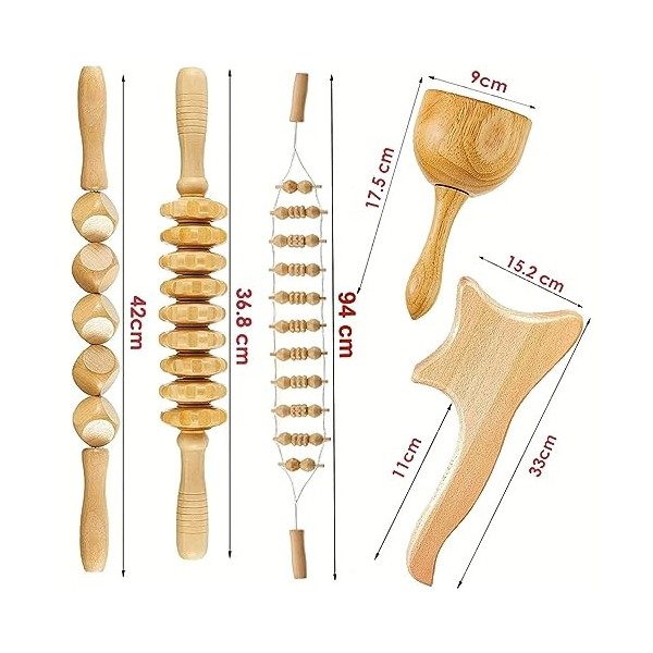 uyoyous Lot de 5 rouleaux de massage en bois pour la maderothérapie, le dos, les fascias, aide à la massage, gua sha, tasses 