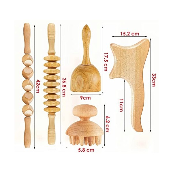 uyoyous Lot de 5 rouleaux de massage en bois de maderothérapie pour fascias - Pour la cellulite - En bois - Maderotherapy - G