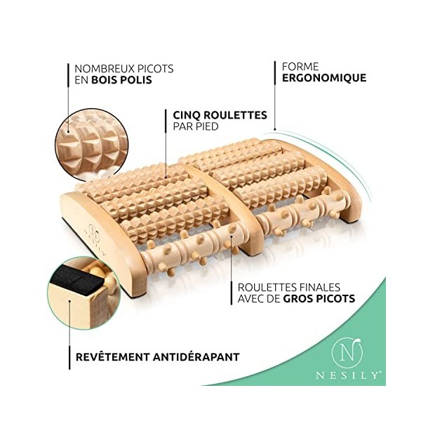 NESILY Rouleau de Massage des Pieds en Bois, Outils de Réflexologie Appareil Massage pour Soulager Fasciite Plantaire, Douleu