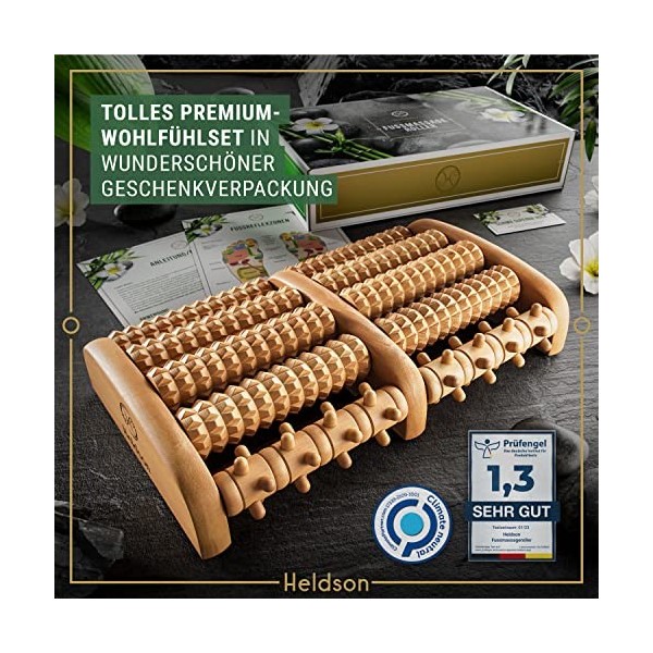 HELDSON® Rouleau de Massage en Bois • Appareil de Massage des Pieds • Drainage Lymphatique & Solution de Relaxation Manuel • 