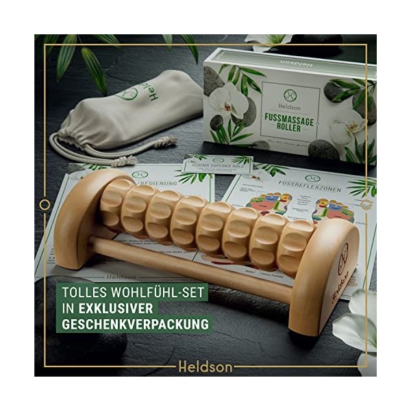 HELDSON® Rouleau de Massage en Bois • Appareil de Massage des Pieds • Drainage Lymphatique & Solution de Relaxation Manuel • 