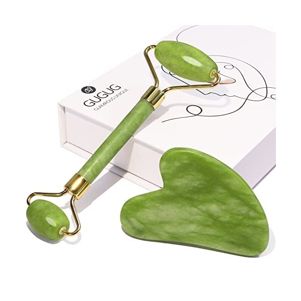 GUGUG Gua Sha Jade Visage, Pierre de Gua Sha pour Visage, Rouleau de Jade Visage, Jade Roller Visage, Relaxation des Muscles 