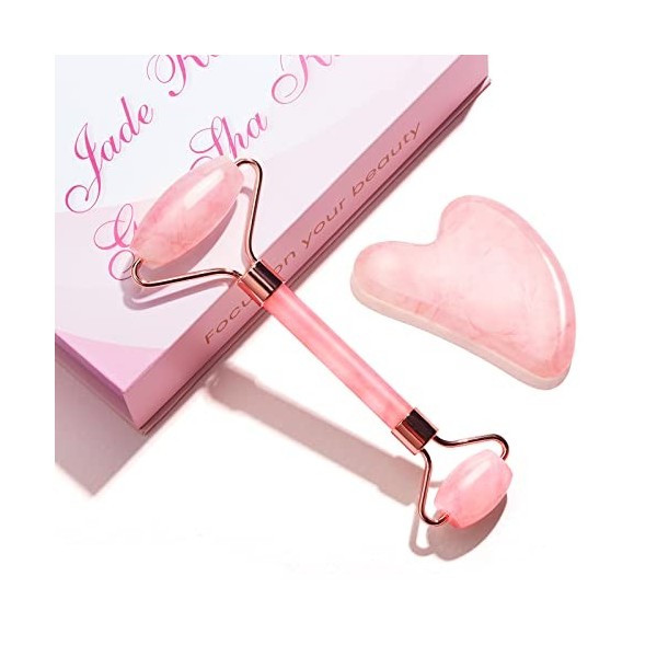 femometer Rouleau de Jade & Gua Sha, Jade Roller, Masseur de visage pour la peau Rose 