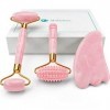 Set de Rouleaux de Massage Facial et de Gua Sha en Jade Rose, Rouleau Quartz Rose Pierre Naturelle avec Masseur pour les Yeux