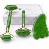 Set 4 en 1 Rouleaux de Massage Facial et de Gua Sha en Jade, Rouleau de Jade Vert Avec Masseur Pour les Yeux, Gua Sha Visage 