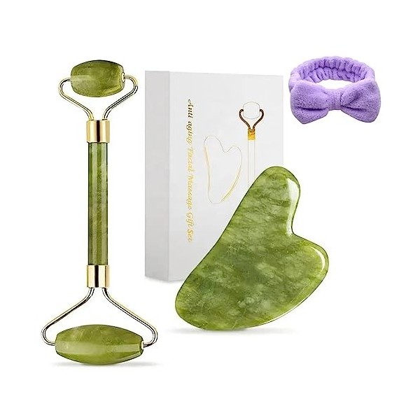 SPADOM Rouleau de Jade avec bandeau pour cheveux offert, et Gua Sha Jade Roller Visage et Gua Sha Masseur. Rouleau de massage