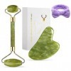 SPADOM Rouleau de Jade avec bandeau pour cheveux offert, et Gua Sha Jade Roller Visage et Gua Sha Masseur. Rouleau de massage