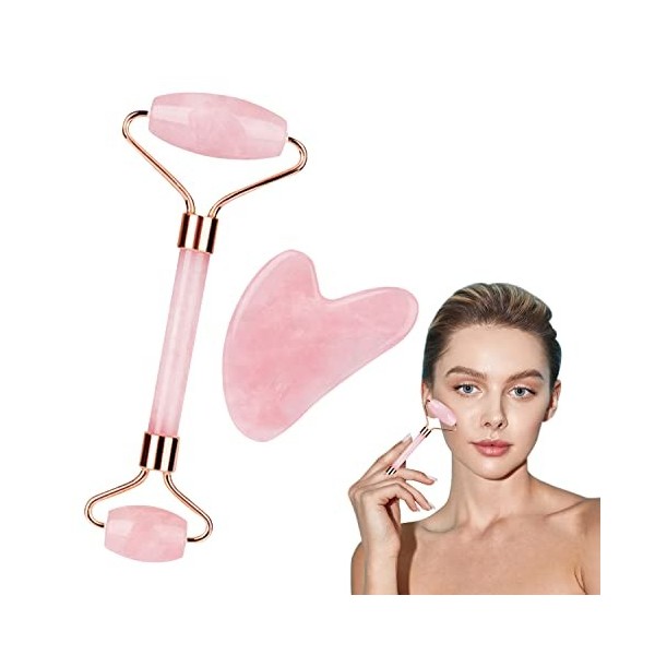 Jade Roller Visage, Outil de massage au rouleau pour le visage, Gua Sha Visage, Rouleau Visage de Jade Quartz pour Traitement