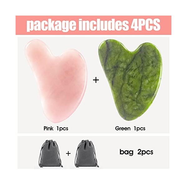 Yosemy 2 Pièces Gua Sha Visage,1 Pièces Rose Guasha Conseil+1 Pièces Vert Pierre de Jade+2 Sac en Flanelle,Grattant Outil de 