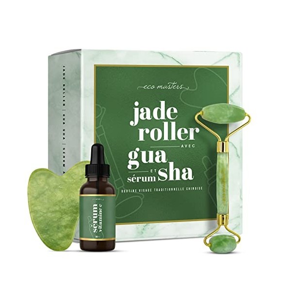 Rouleau de Jade & Gua Sha du Visage + Sérum Vitamine C - Rouleau Massage Visage Avec Pierre de Jade Véritable & Pure - Jade R