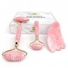 Set Rouleau en Quartz Rose, Gua Sha et Mini Roller pour les Yeux - Rouleau en Jade pour le Visage : Cristal Authentique 100% 