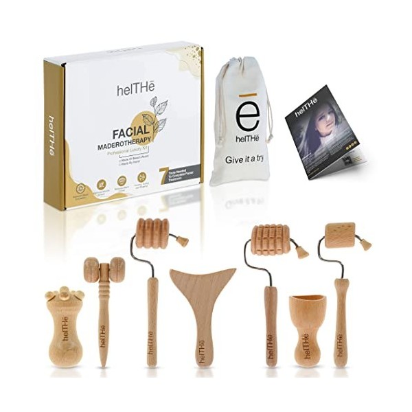 HELTHE Maderothérapie Visage Kit - Pack complet de 7 Masseurs faciaux - Skincare Kit - 3 rouleaux faciaux - Guasha visage - 1