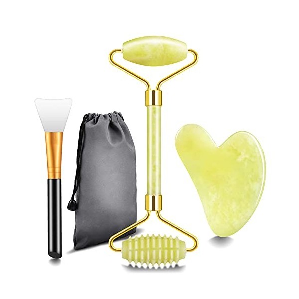 Jade Roller Visage et Gua Sha Masseur, Rouleau de Jade Double Extrémité et Pierre de Massage Naturelle avec Sac de Rangement 