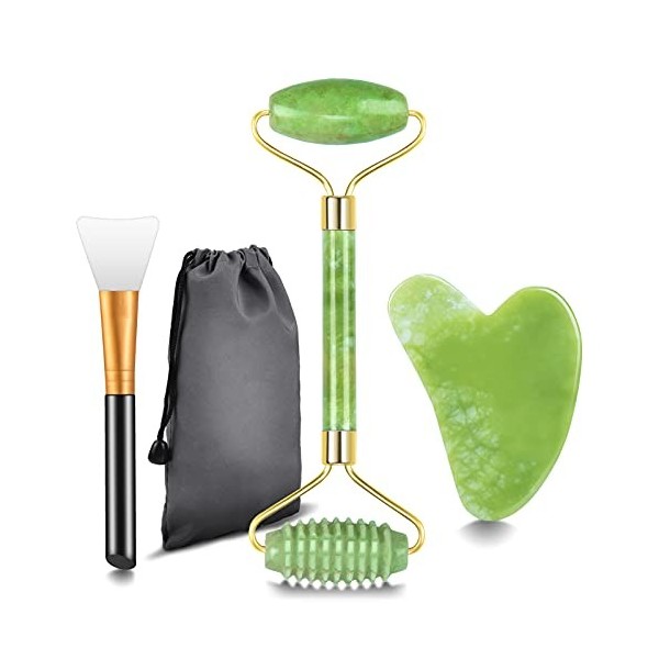 Jade Roller Visage et Gua Sha Masseur, Rouleau de Jade Double Extrémité et Pierre de Massage Naturelle avec Sac de Rangement 