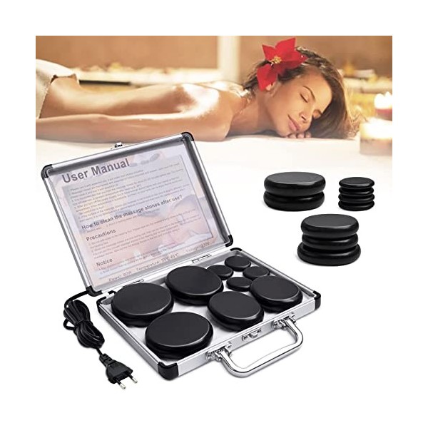 Lot de 9 pierres de lave pour massage, pierres de massage basalte dans un coffret chauffant portable Convient pour les utilis