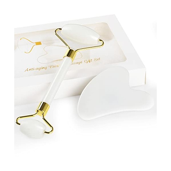 GeeRic Jade Roller&Gua Sha Scraping Massage Tool, Quartz anti-âge 100% naturel Ensemble de pierres de jade pour le visage - R