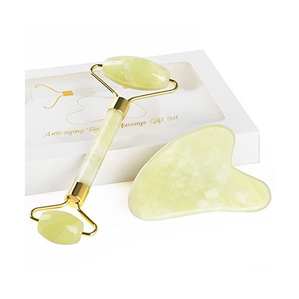 GeeRic Jade Roller&Gua Sha Scraping Massage Tool, Quartz anti-âge 100% naturel Ensemble de pierres de jade pour le visage - R