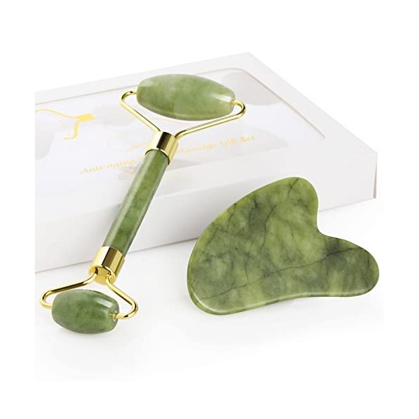 GeeRic Jade Roller&Gua Sha Scraping Massage Tool, Quartz anti-âge 100% naturel Ensemble de pierres de jade pour le visage - R