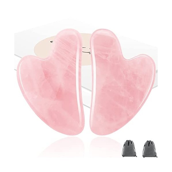 2 Pièces Gua Sha Visage,Gua Sha -Outil de Massage dacupuncture Anti Rides pour le Visage, le Yeux, le Cou Quartz Rose 