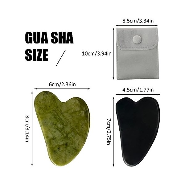 2 Pièces Gua Sha Visage Jade,1 Pièces Noir Guasha Conseil,1 Pièces Vert Pierre de Jade,1 Sac en Flanelle,Grattant Outil de Ma