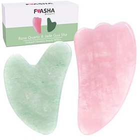 Gua Sha Facial Massage Tools - Premium 2 in 1 Jade & Rose Quartz Scraping Guasha Board Kit - Facelift Anti-Aging Lymphatic.