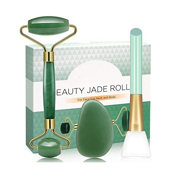 Jade Roller Pierre Gua Sha - Rouleau de Jade Vrai Pierre Guasha avec Pinceau de Masque Massage pour Soin Peau Yeux Cou Nuque 