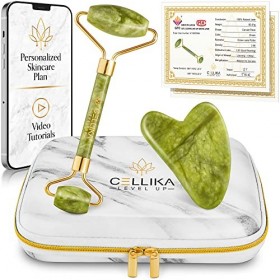Xiuyan Jade Roller and Gua Sha Set with Shockproof Travel Case | Tutorial & Skincare Plan Included | Real Jade Roller for
