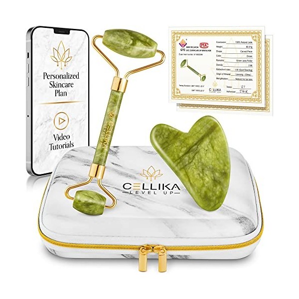 Xiuyan Jade Roller and Gua Sha Set with Shockproof Travel Case | Tutorial & Skincare Plan Included | Real Jade Roller for