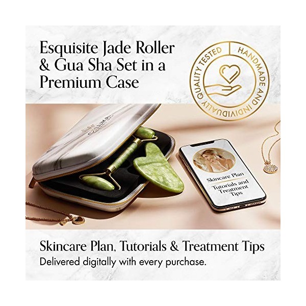 Xiuyan Jade Roller and Gua Sha Set with Shockproof Travel Case | Tutorial & Skincare Plan Included | Real Jade Roller for